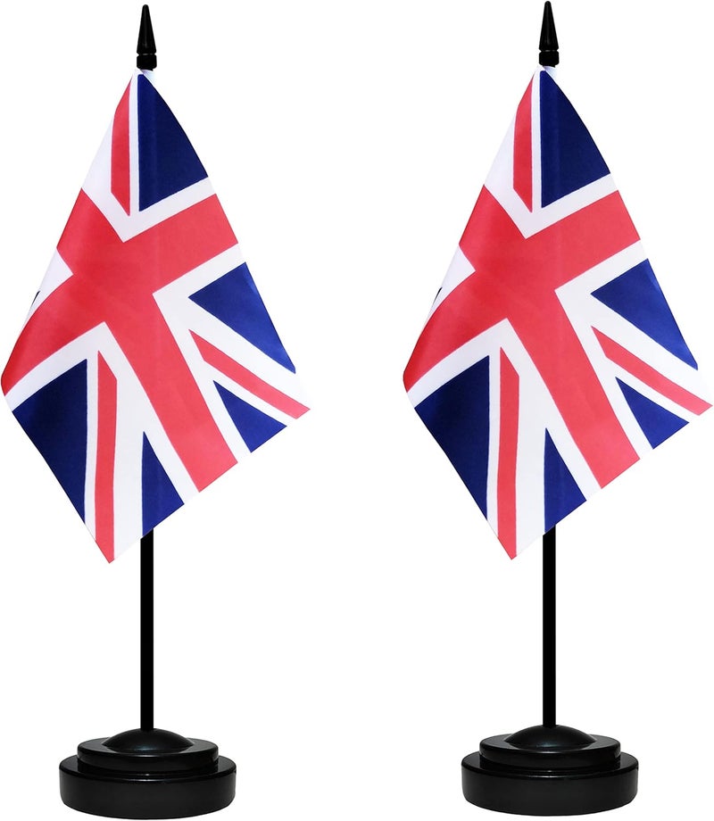 BCLin UK Desk Flag Set, 2 Pack United Kingdom Table Office Flags, Small Mini Desktop Flag With 12" Solid Black Pole, Black Base, Miniature Desktop Flag - Image 1
